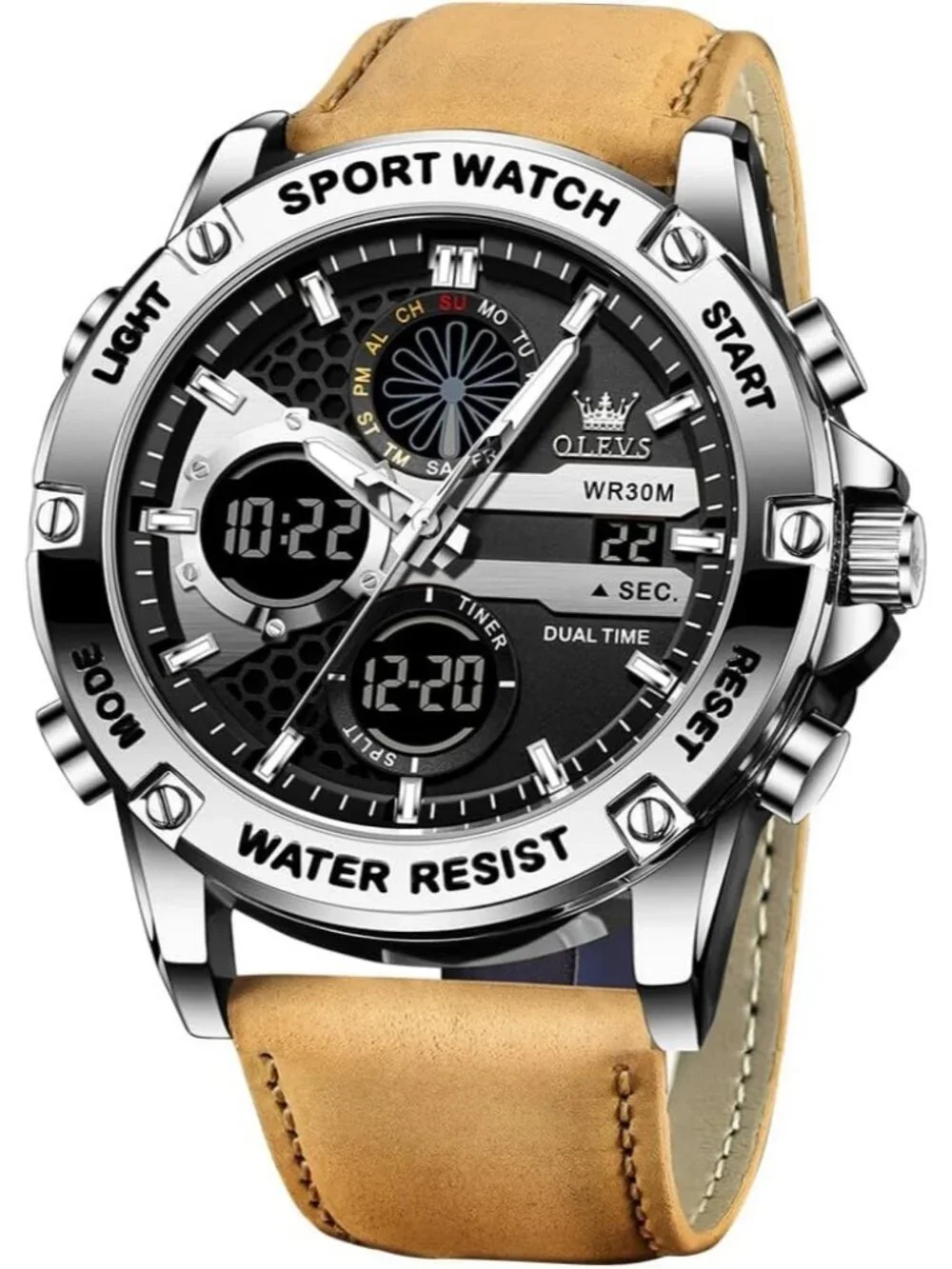 Men's Brown Silver Leather Chronograph Fashion Digital Waterproof Wrist Watch